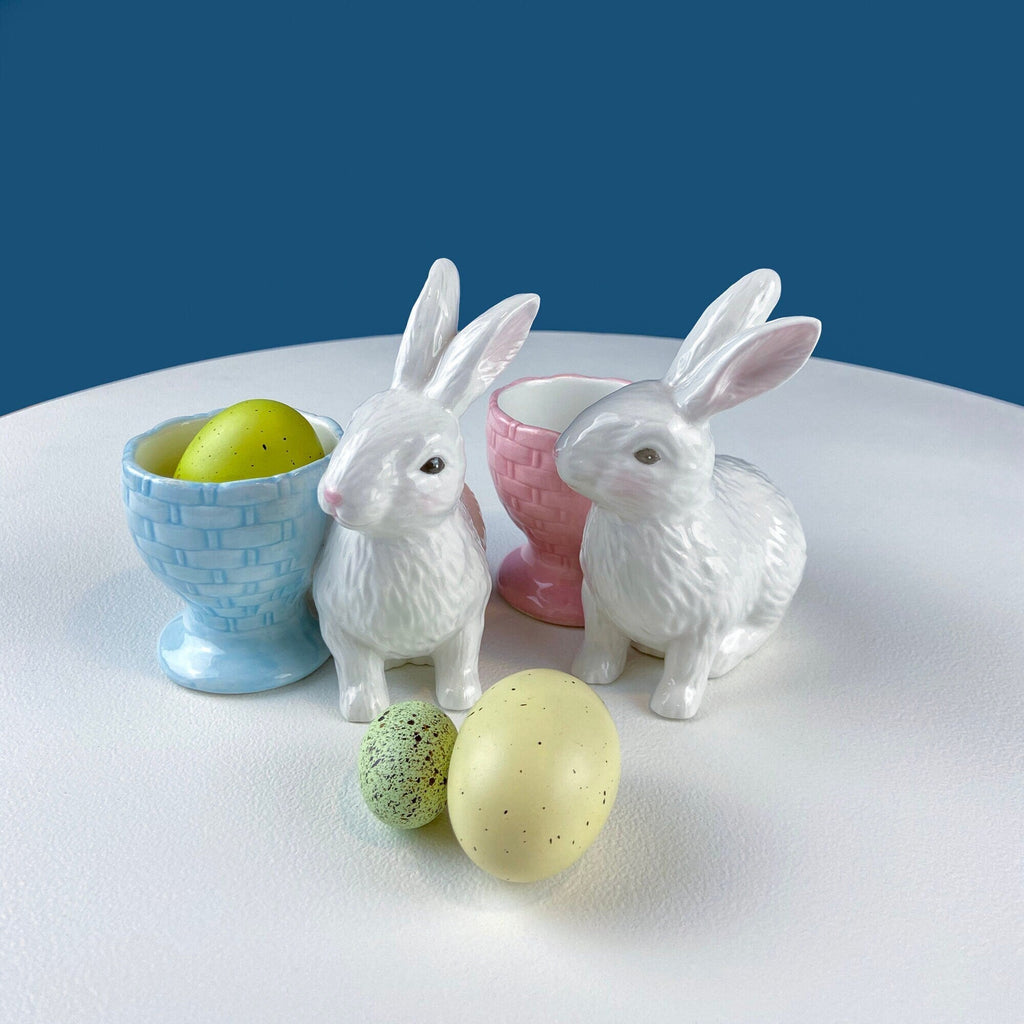 Couple of White Bunnies. Porcelain Rabbit Figurines. Set of 2. Home Dining Room Table Decor. Kids Room. Easter/Spring Celebration.