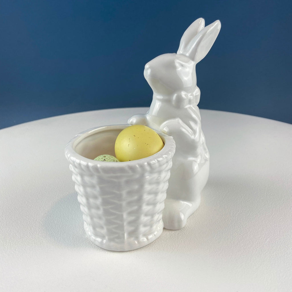Cute White Ceramic Bunny with Sunflower Basket and Pink Bow. Small Rabbit Planter or Candy Dish. Easter Spring Decor. Table Display.
