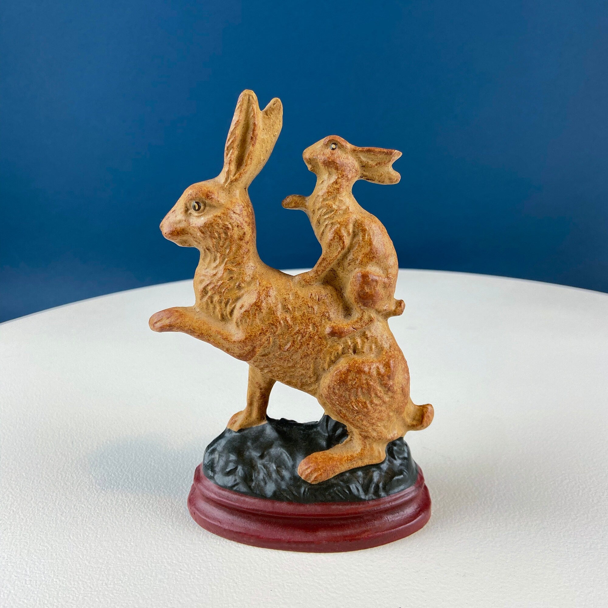 Brown Mom Bunny Figurine Carrying Baby Rabbit on her Back. Cute Rustic Ceramic Easter Decor. Spring Celebration. Modern Farmhouse.