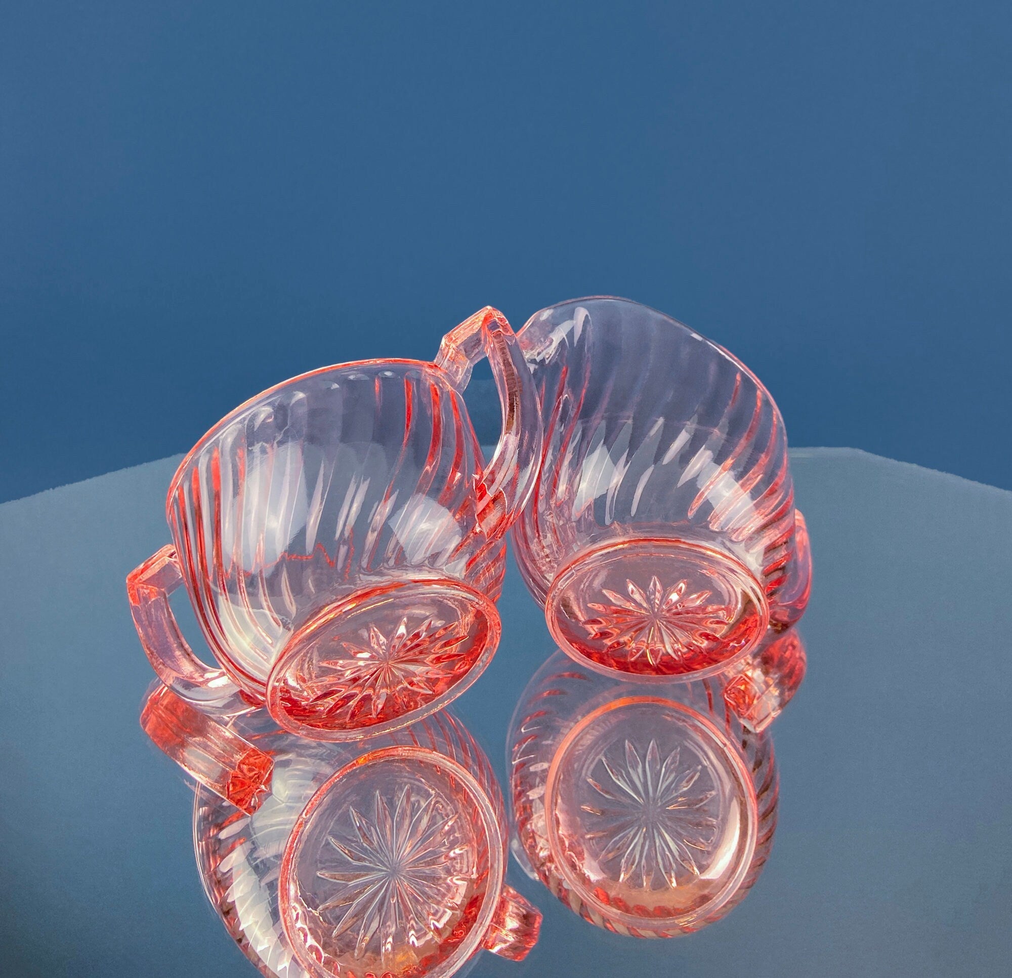 Peach Pink Depression Glass Sugar & Creamer – Art Deco Fluted Design