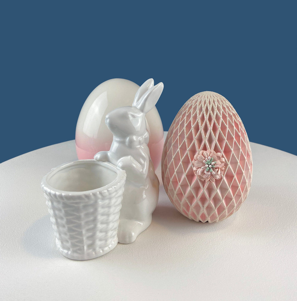 Cute White Ceramic Bunny with Sunflower Basket and Pink Bow. Small Rabbit Planter or Candy Dish. Easter Spring Decor. Table Display.