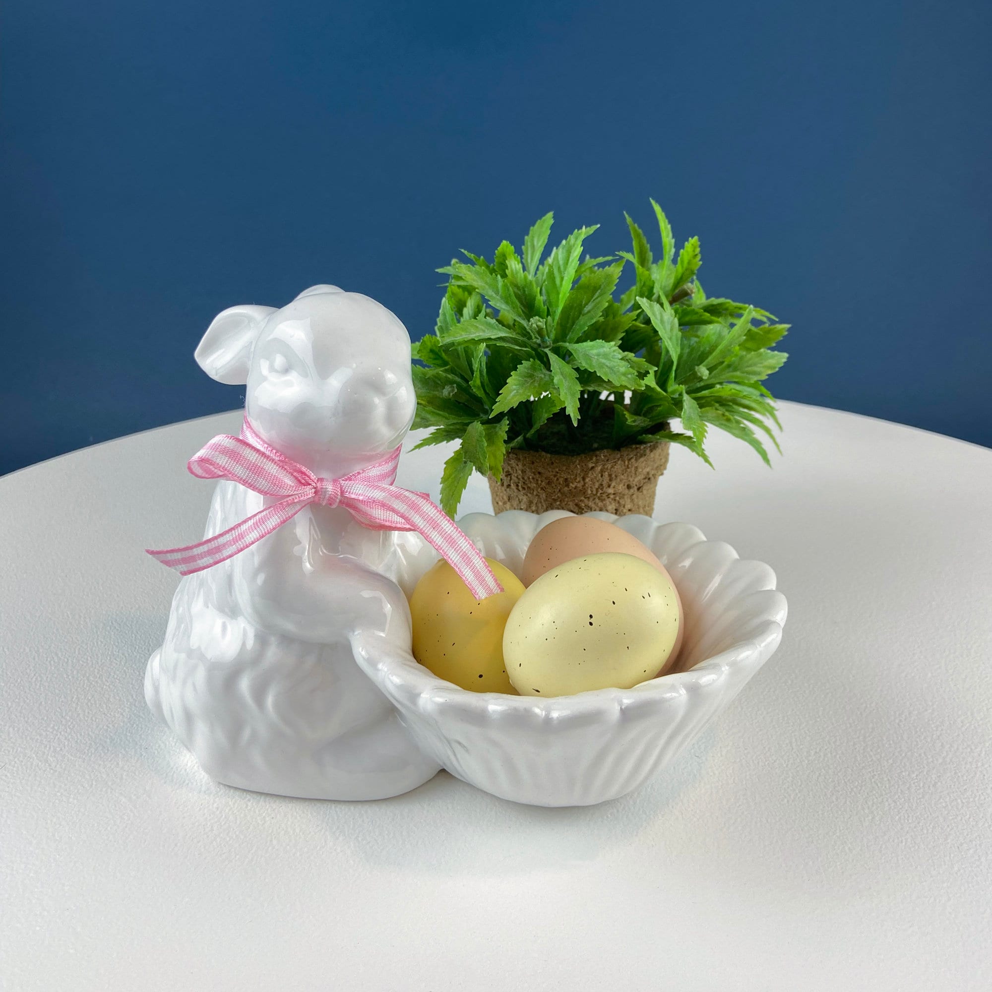 Cute White Ceramic Bunny with Sunflower Basket and Pink Bow. Small Rabbit Planter or Candy Dish. Easter Spring Decor. Table Display.