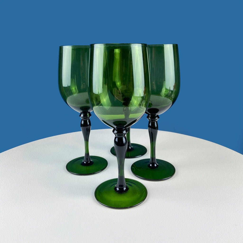 Dark Green Hand-Blown Wine Goblets – Set of 4