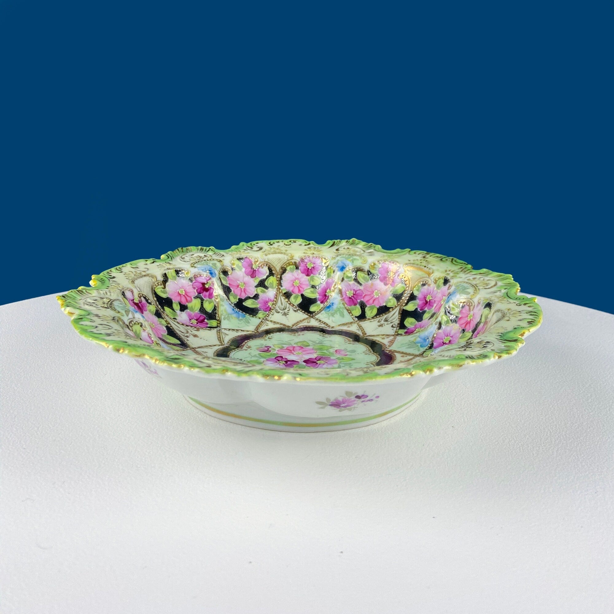 Antique Hand-Painted Porcelain Centerpiece Bowl – Gold Framework & Flowers