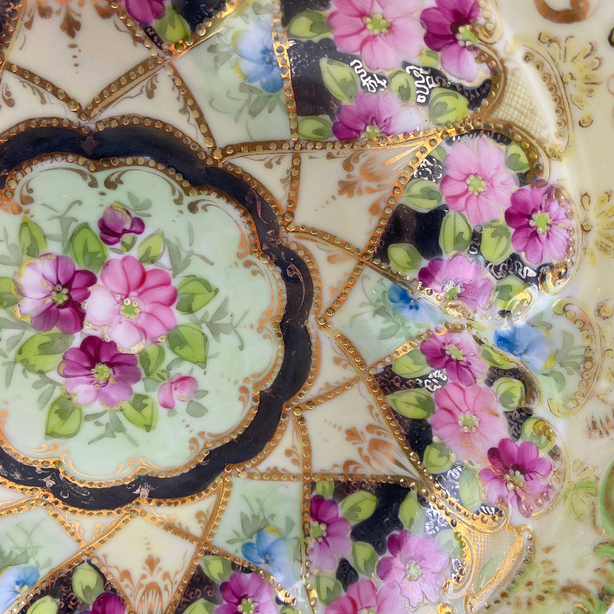 Antique Hand-Painted Porcelain Centerpiece Bowl – Gold Framework & Flowers