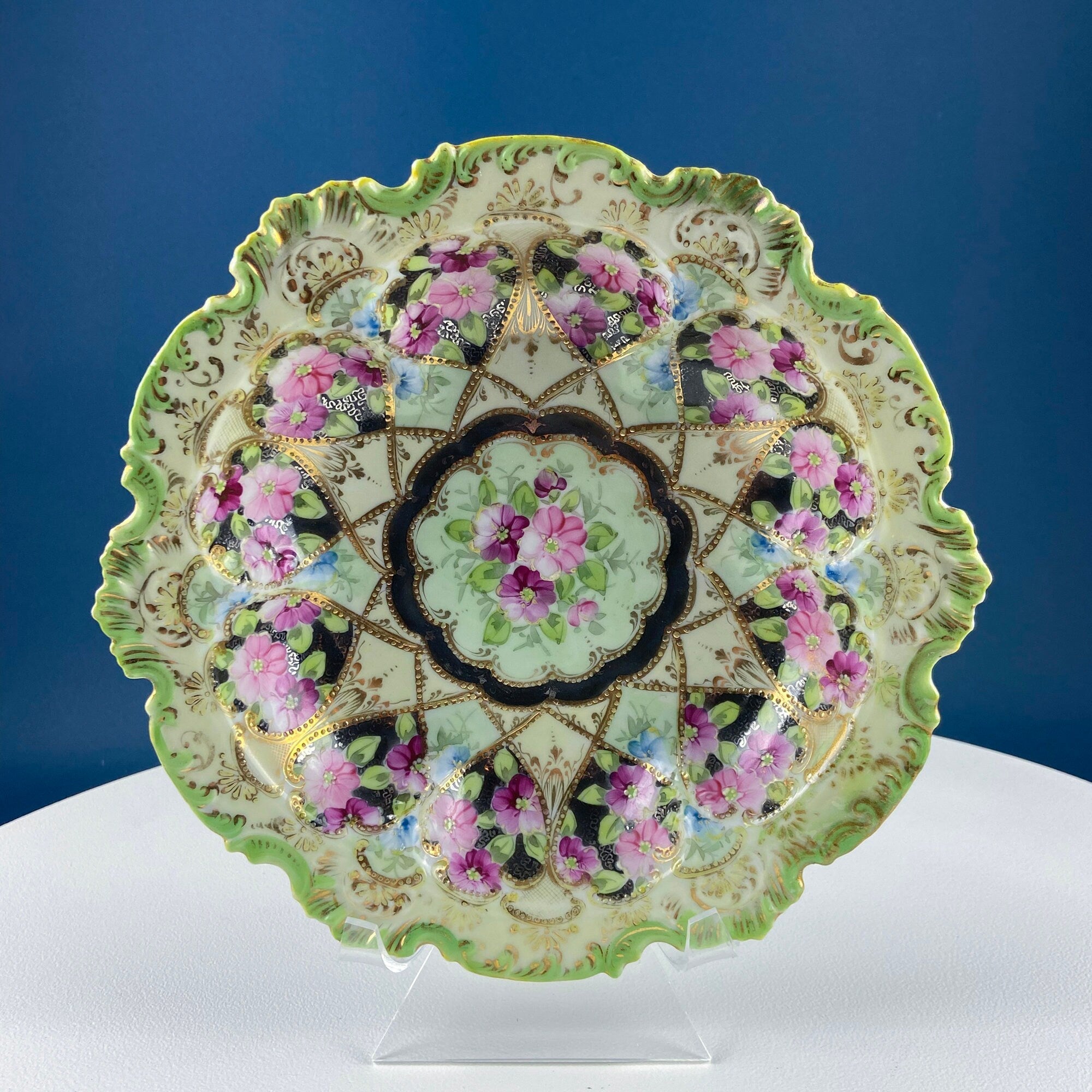 Antique Hand-Painted Porcelain Centerpiece Bowl – Gold Framework & Flowers