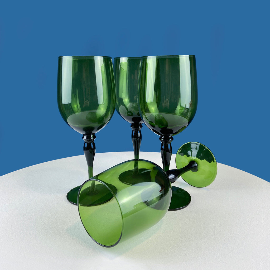 Dark Green Hand-Blown Wine Goblets – Set of 4