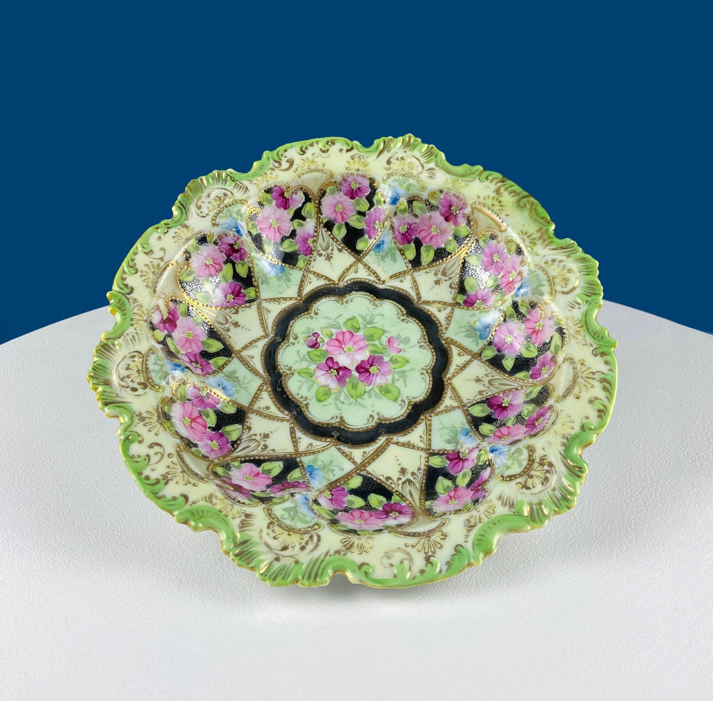 Antique Hand-Painted Porcelain Centerpiece Bowl – Gold Framework & Flowers