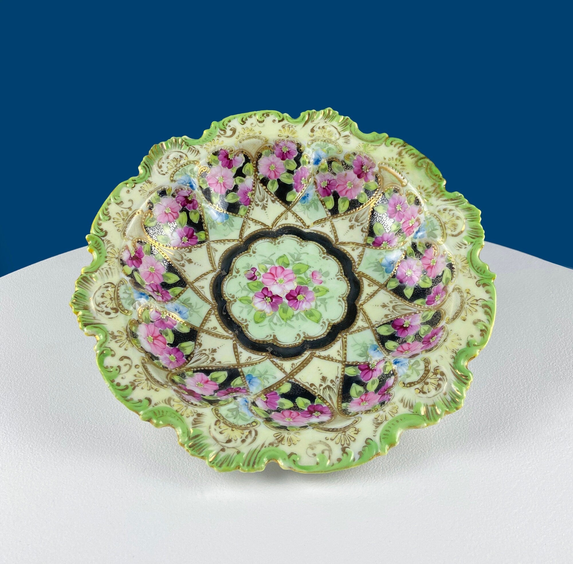Antique Hand-Painted Porcelain Centerpiece Bowl – Gold Framework & Flowers