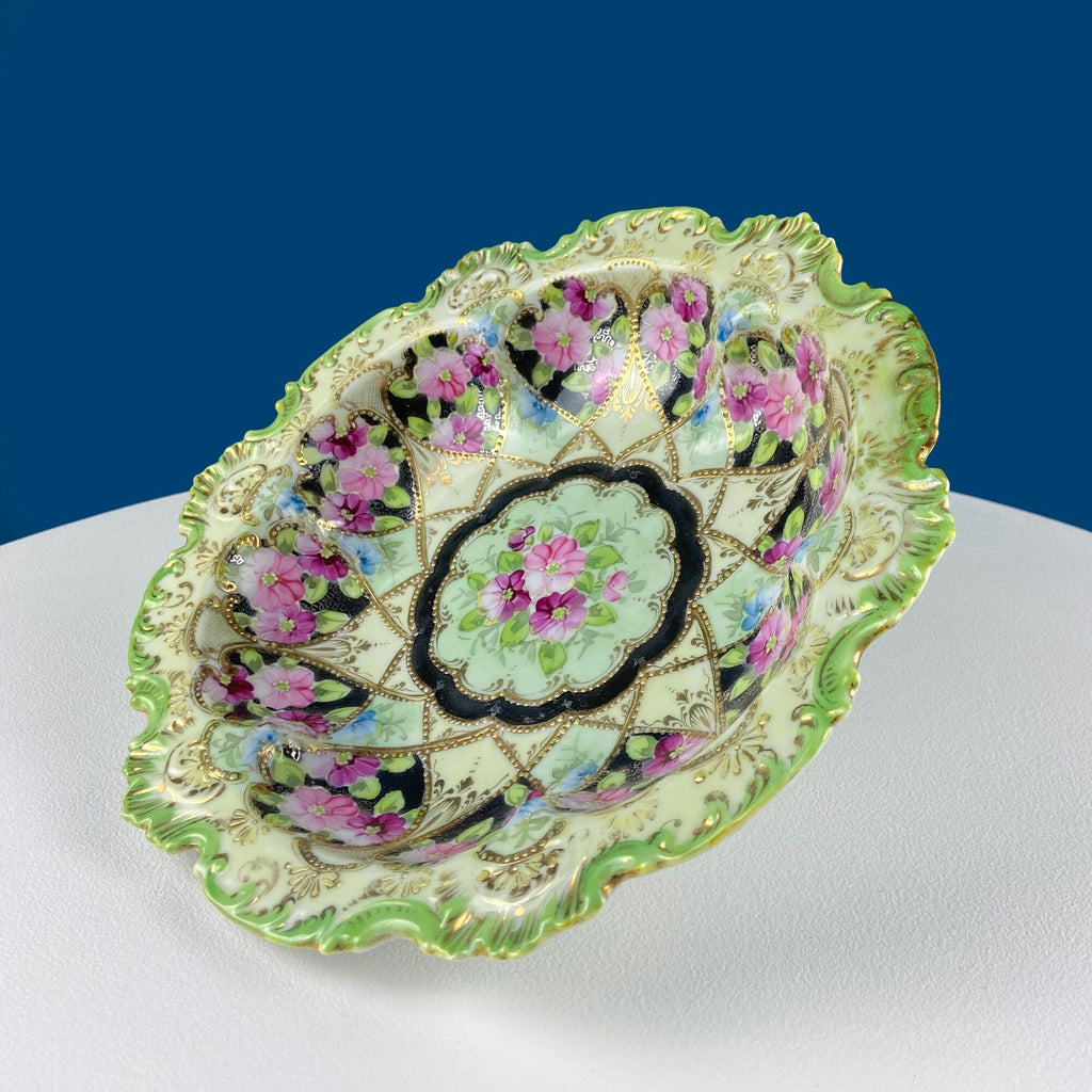 Antique Hand-Painted Porcelain Centerpiece Bowl – Gold Framework & Flowers