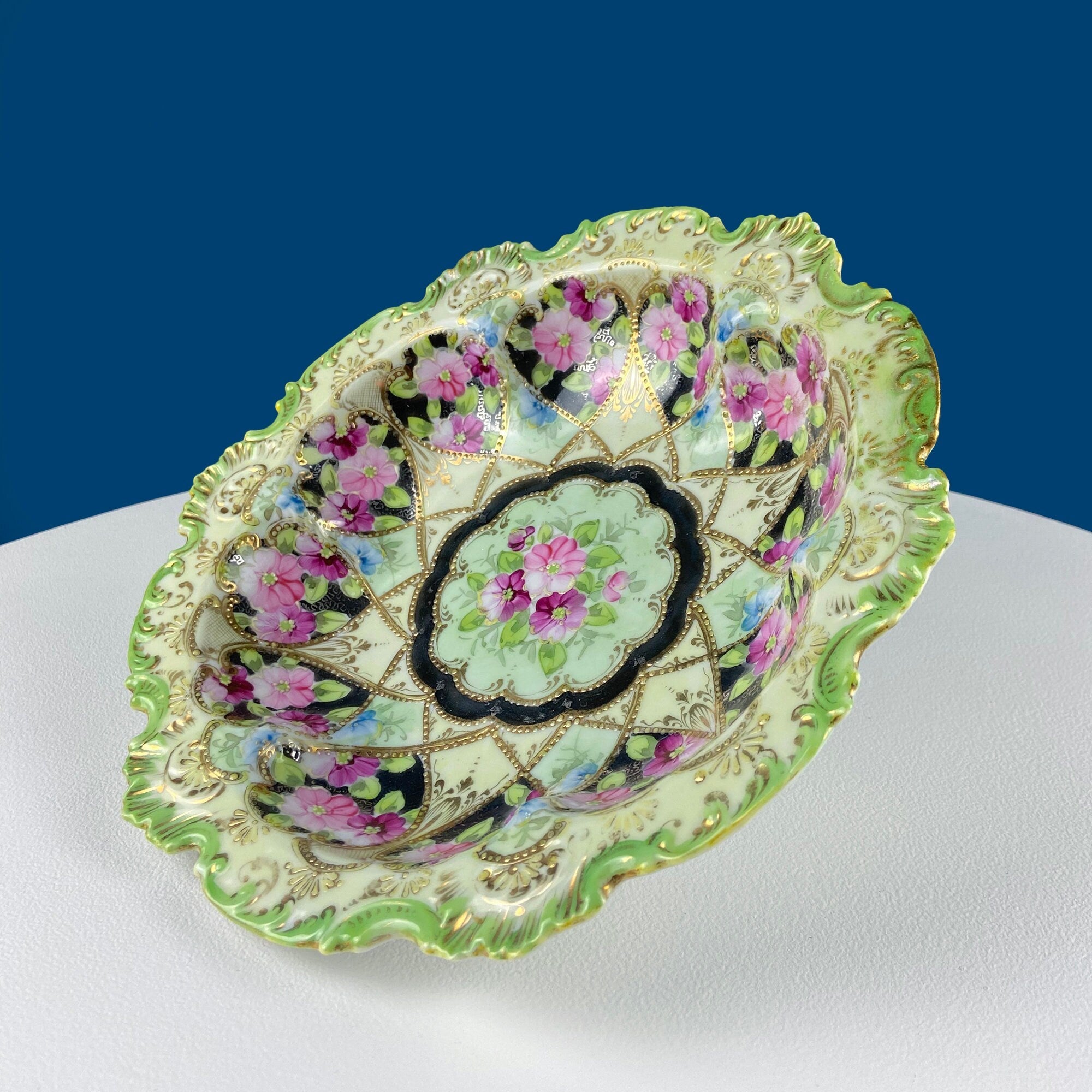 Antique Hand-Painted Porcelain Centerpiece Bowl – Gold Framework & Flowers