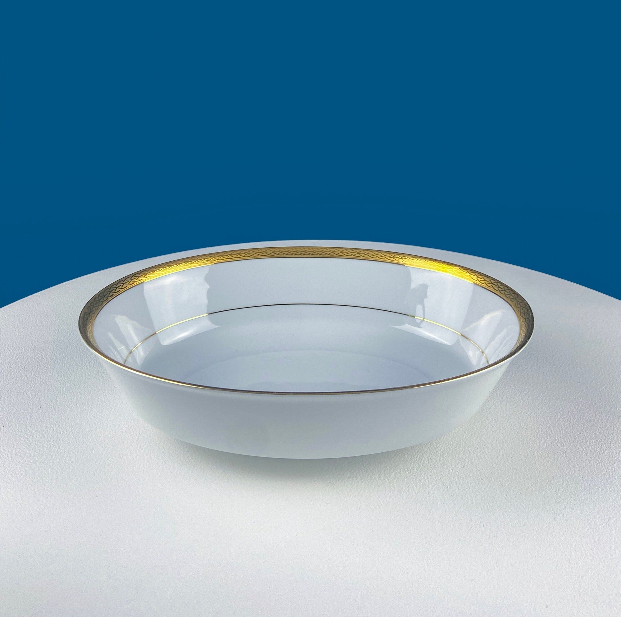 White Porcelain Oval Serving Bowl with Embossed Gold Band. Wedding Band China. Contemporary Noritake Queen's Gold. Dining Room Decor.