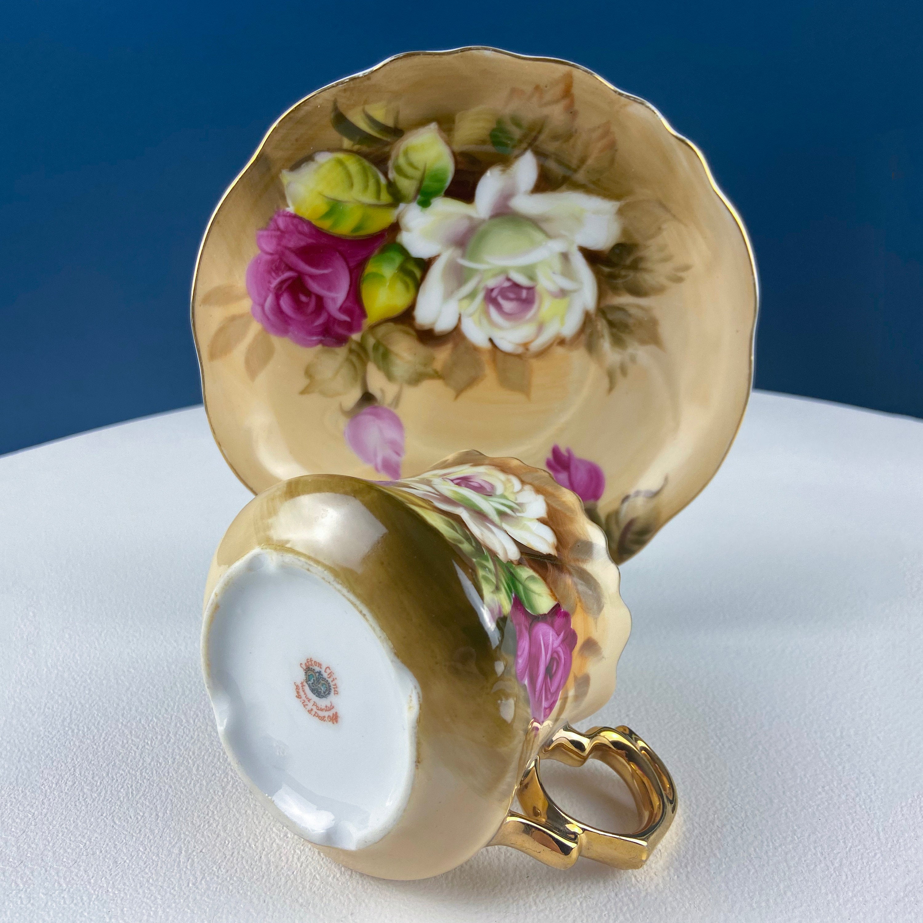 Lefton Tea Cup and Saucer: Hand Painted Roses, Collectible Tea Set