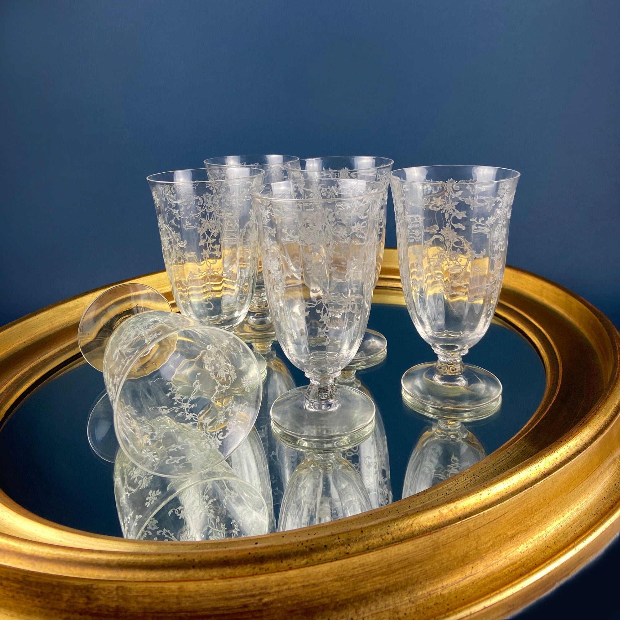 Fostoria Navarre Vintage Etched Crystal Water Goblets, Set of 6