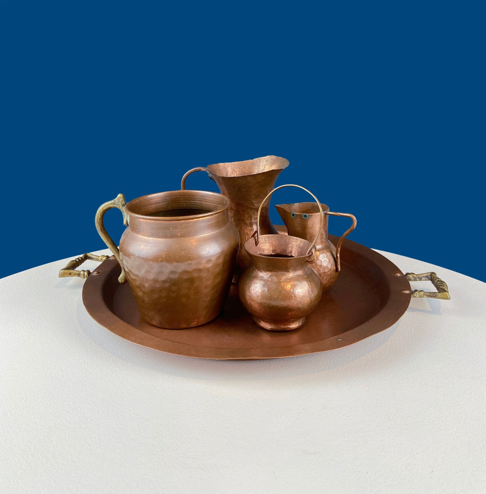 Collection of Vintage Copper Vases & Tray with Brass Handles. Set of 4 Small Hand Pounded Containers. Rustic Home Cabin Decor. Styling Ideas