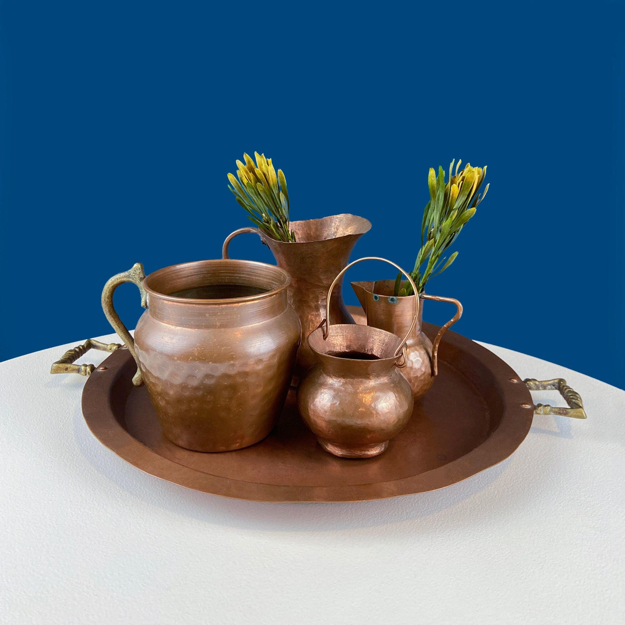 Collection of Vintage Copper Vases & Tray with Brass Handles. Set of 4 Small Hand Pounded Containers. Rustic Home Cabin Decor. Styling Ideas