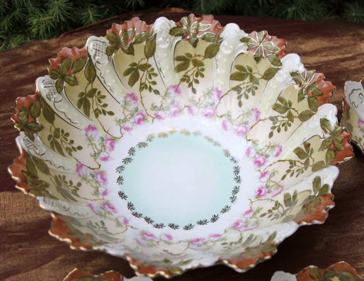 Antique MZ Austria Hand-Painted Rose Serving Bowl Set – 6 Pieces