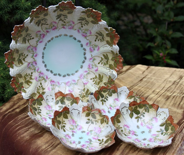 Antique MZ Austria Hand-Painted Rose Serving Bowl Set – 6 Pieces