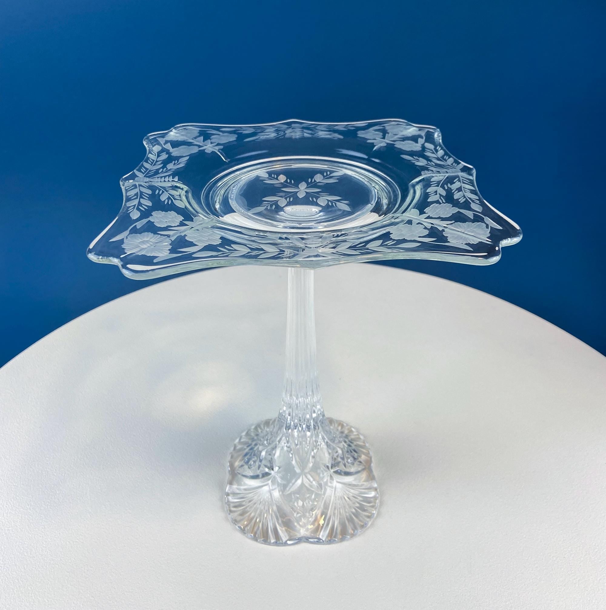 Vintage Etched Crystal Footed Compote – Floral & Geometric Design