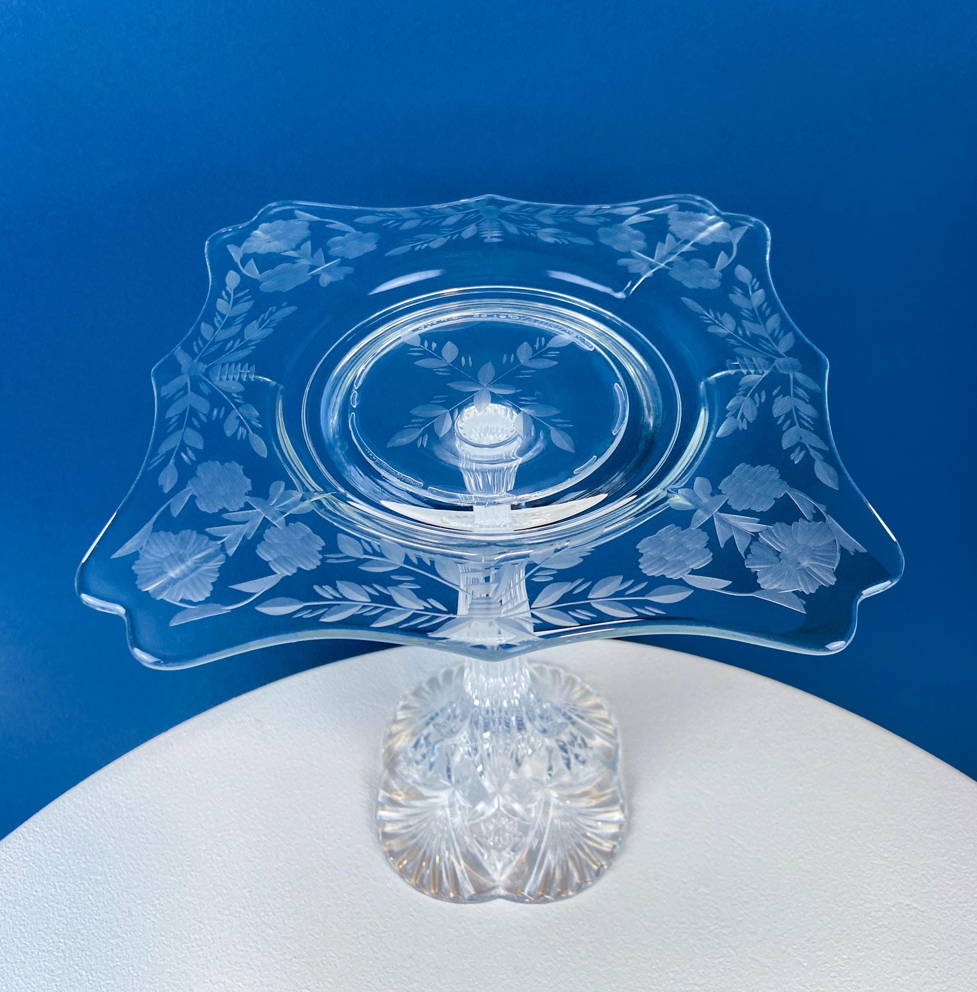 Vintage Etched Crystal Footed Compote – Floral & Geometric Design