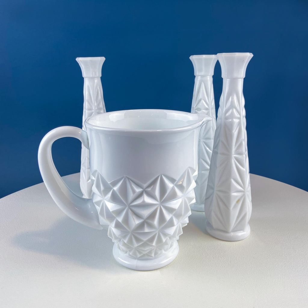 Westmoreland Milk Glass Pitcher with Geometrical Pattern. Modern White Jug. Dining Room Decor. Country Cottage. Gift for Him/Her.