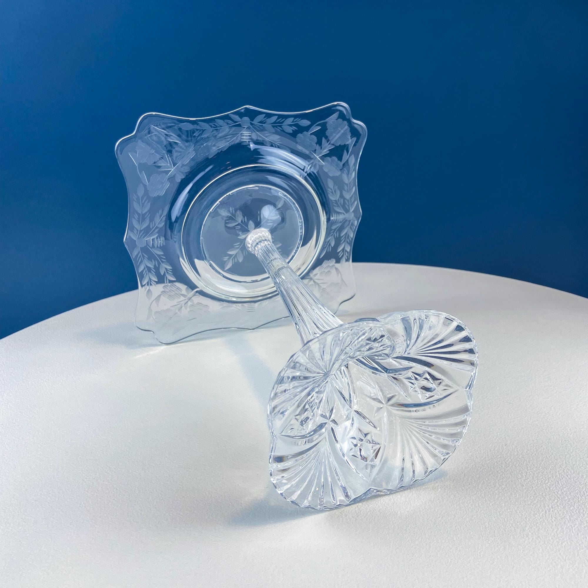 Vintage Etched Crystal Footed Compote – Floral & Geometric Design