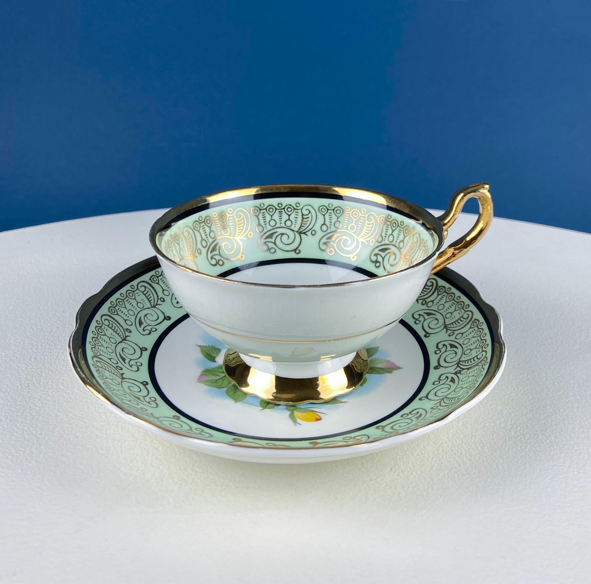 Mint Green Cup and Saucer. Regency English Porcelain. Stunning Hand-Painted White Rose Motif.  Dining Room Decor. Vintage Gift for Tea Lover
