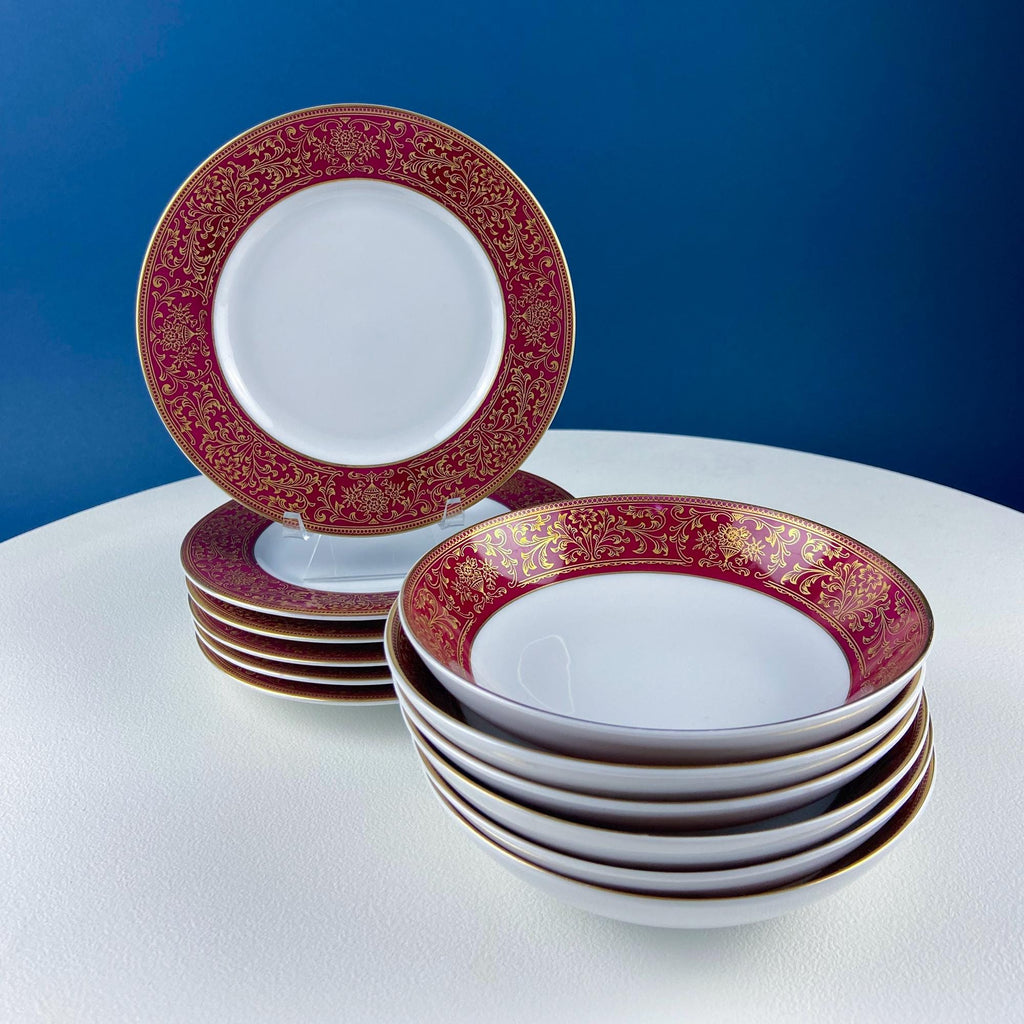 Harmony House Red & Gold Floral Salad Plates & Berry Bowls – Set of 6