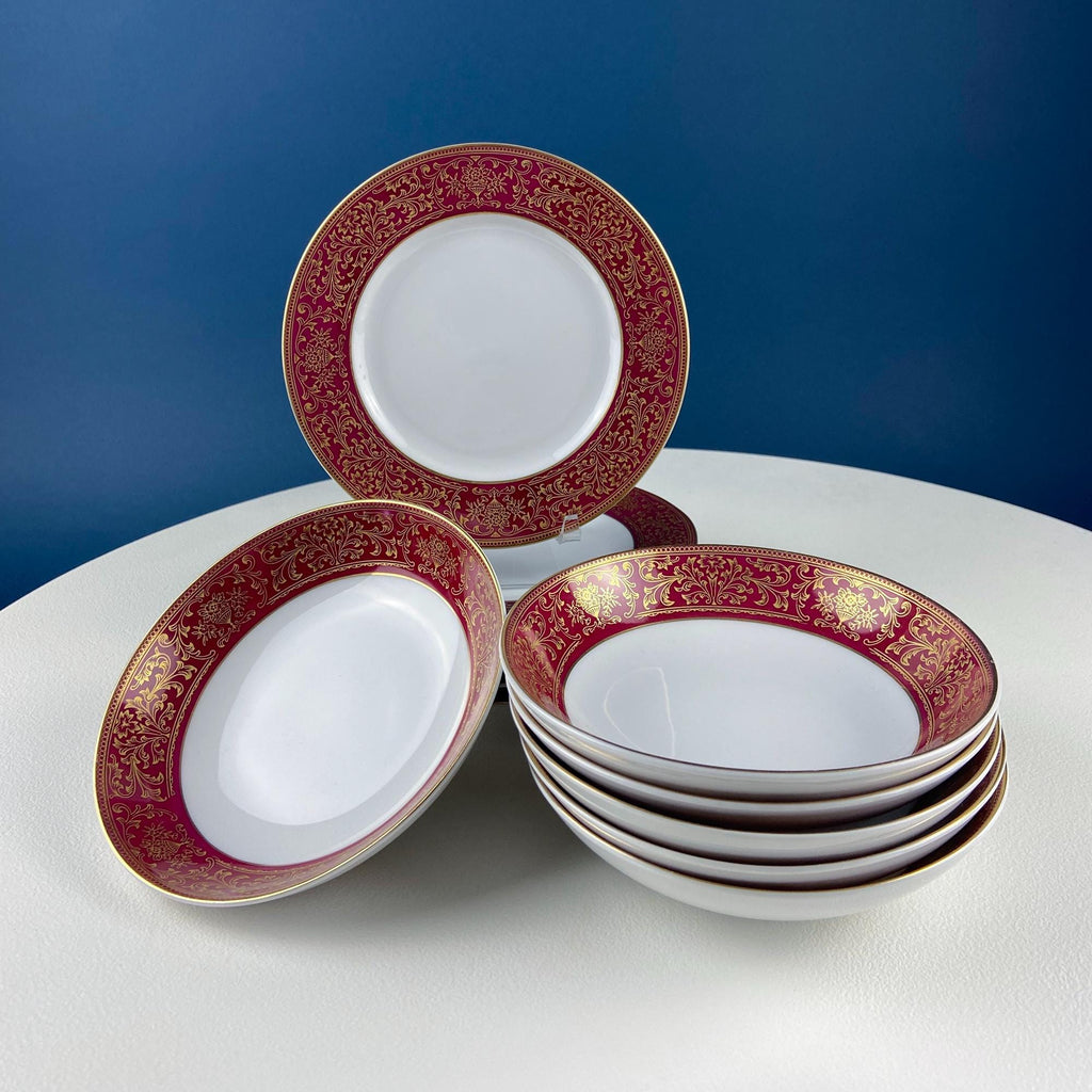 Harmony House Red & Gold Floral Salad Plates & Berry Bowls – Set of 6