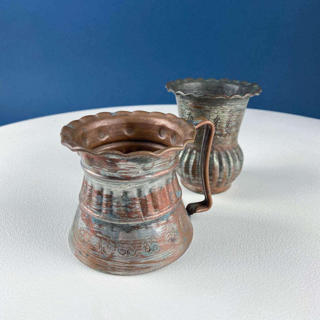 Antique Rustic Hand Pounded Copper and Tin Cups. Set of 4 Different Vessels. Beautiful Fluting. Rustic Home Decor. Gift for Him or Her.