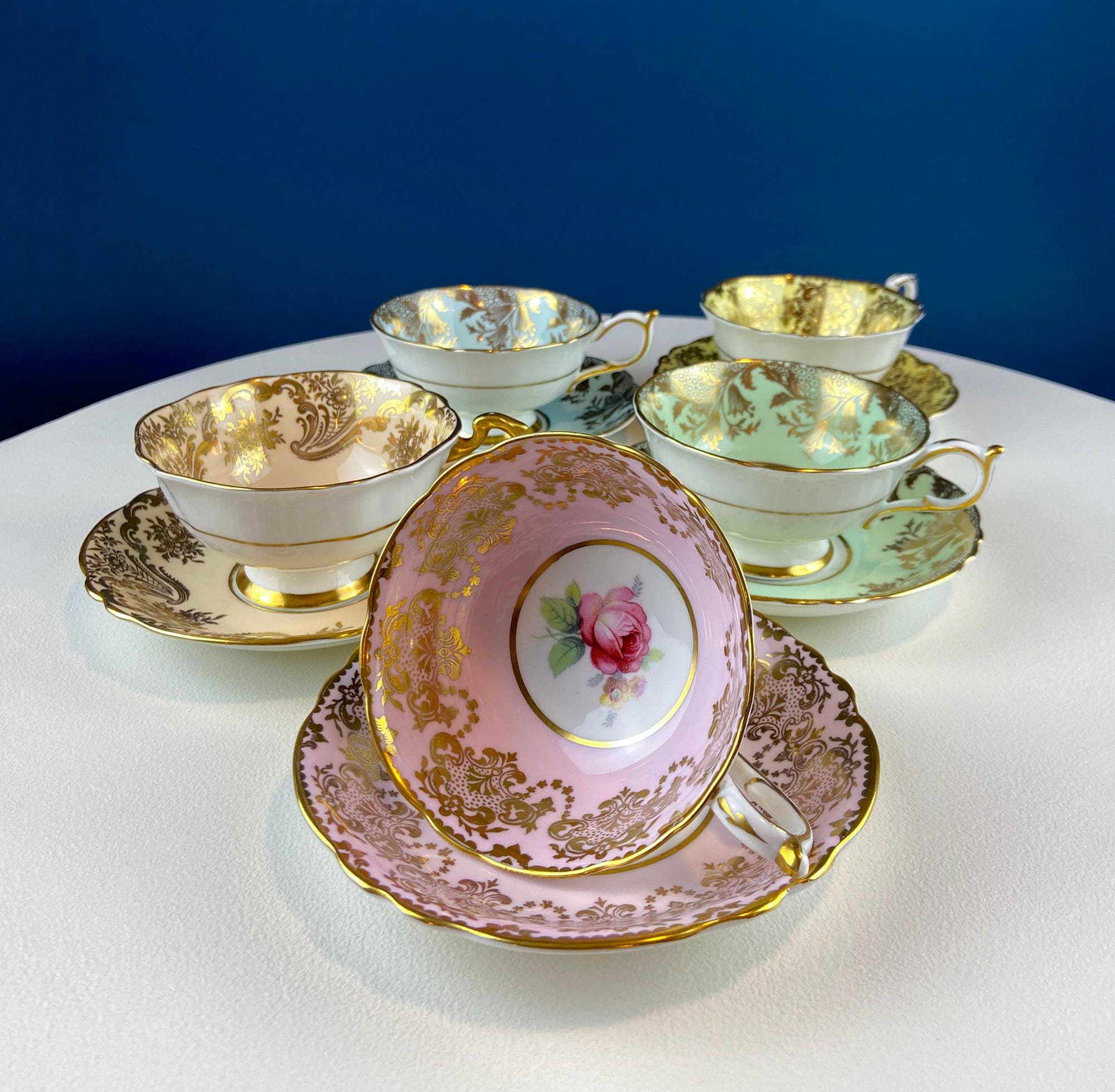 Paragon Vintage Tea Cups & Saucers – Pastel Rose Motif, Set of 5