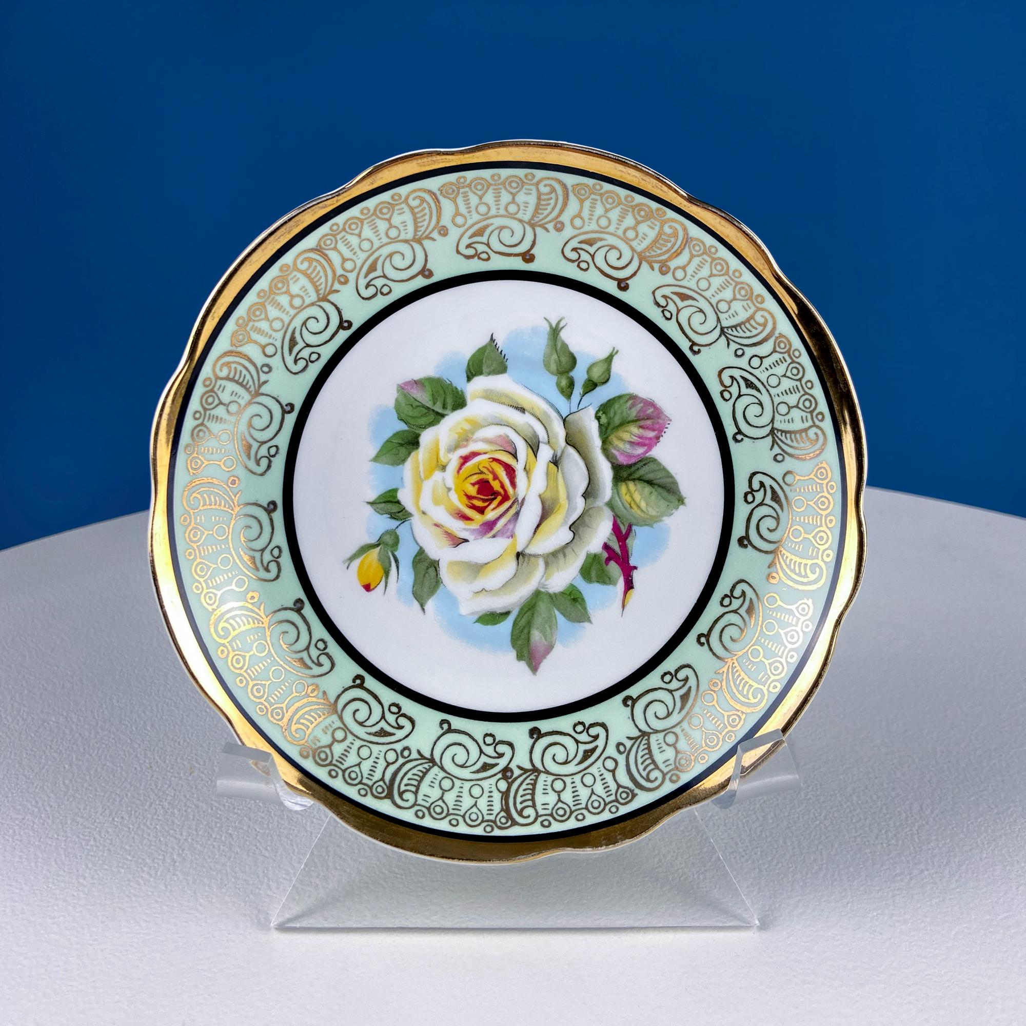 Mint Green Cup and Saucer. Regency English Porcelain. Stunning Hand-Painted White Rose Motif.  Dining Room Decor. Vintage Gift for Tea Lover