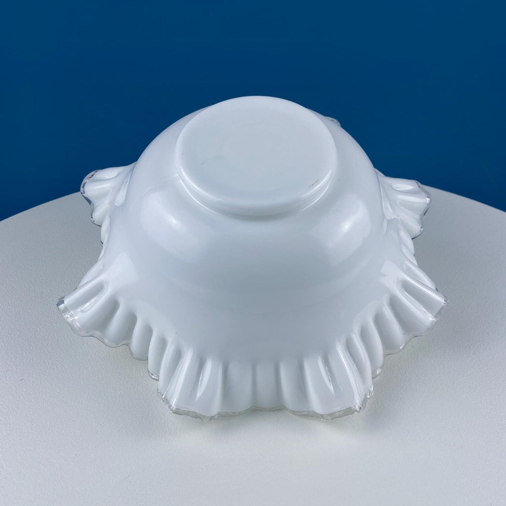 Silvercrest White Glass Fruit Bowl with Ruffled Clear Brim