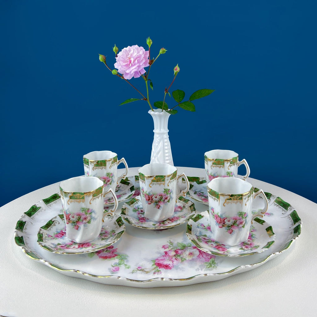 Antique Hot Chocolate Serving Set – Wild Roses, Oval Tray & 5 Cups