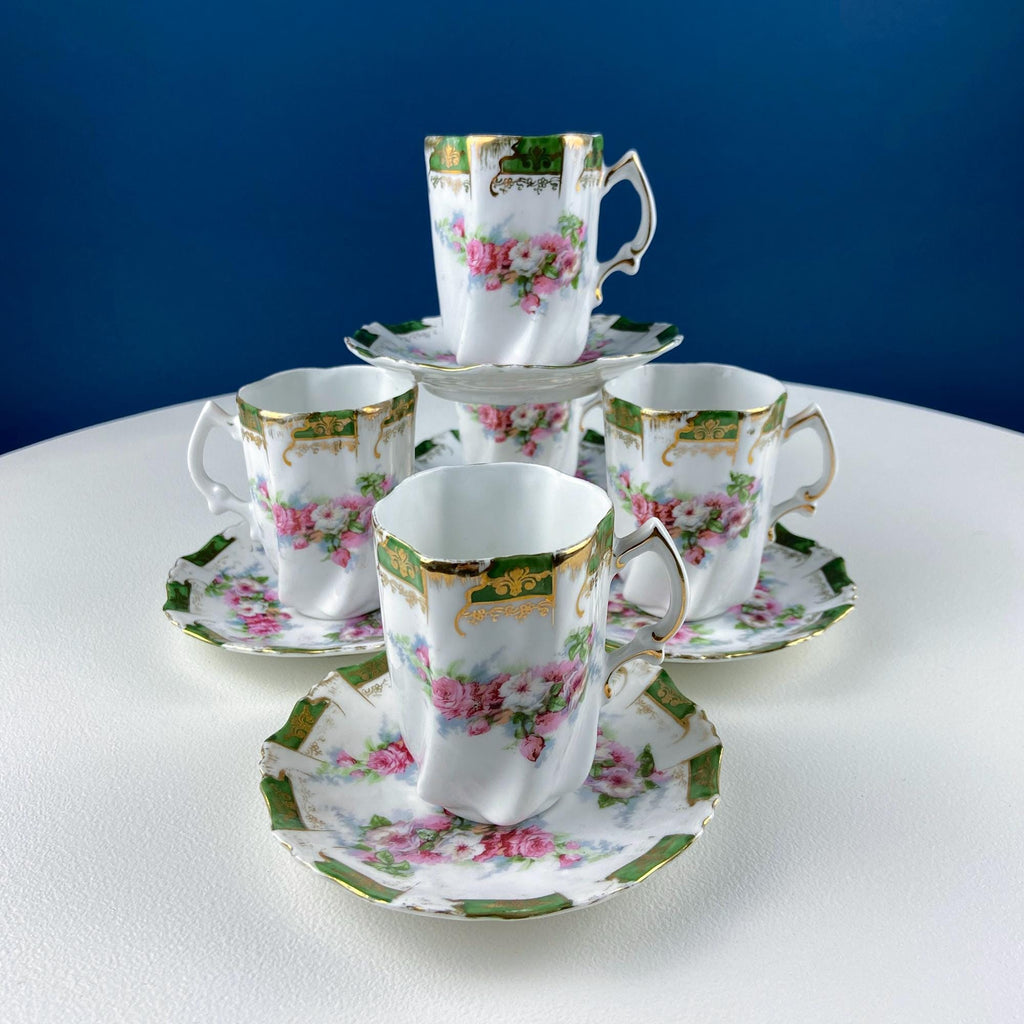 Antique Hot Chocolate Serving Set – Wild Roses, Oval Tray & 5 Cups