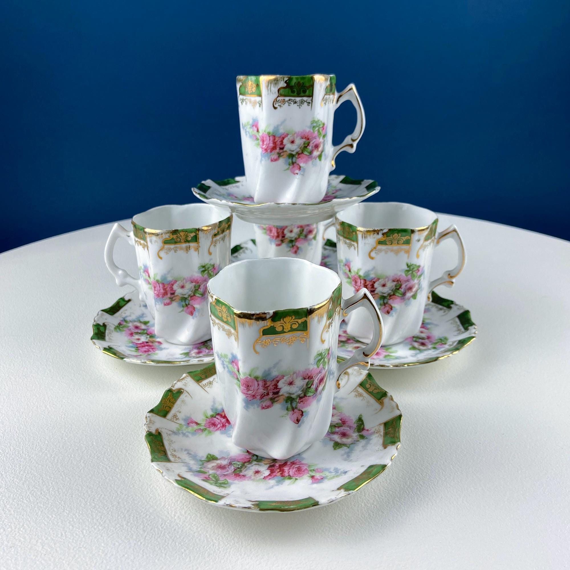 Antique Hot Chocolate Serving Set – Wild Roses, Oval Tray & 5 Cups