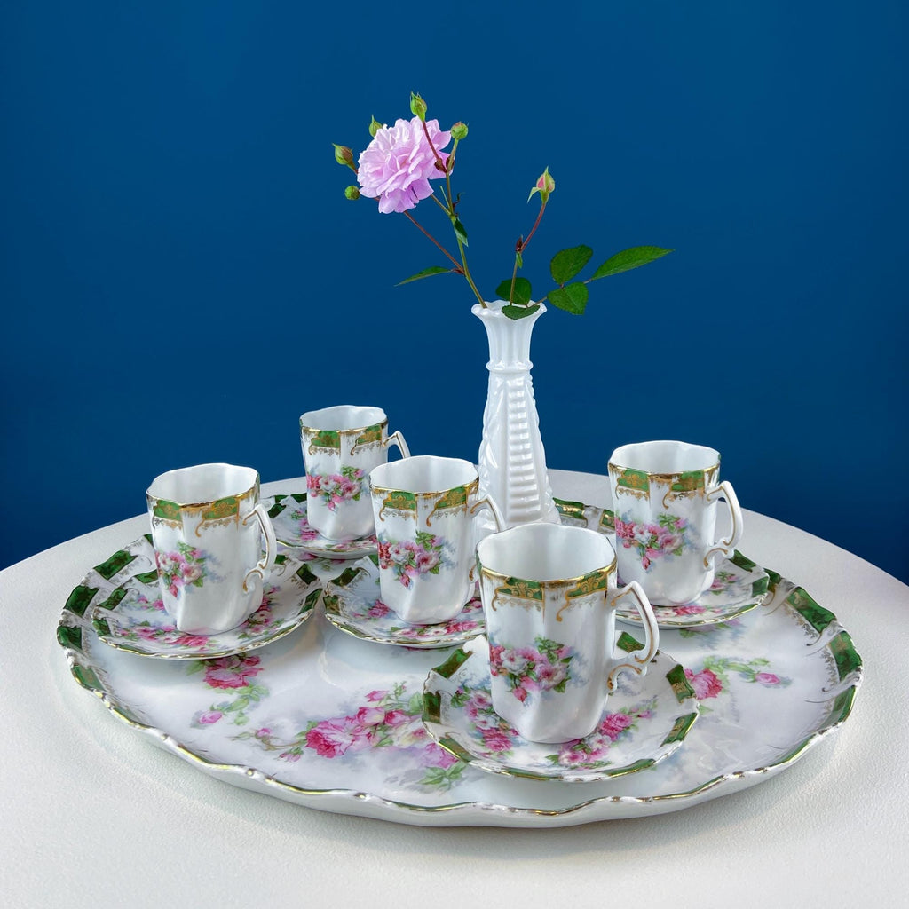 Antique Hot Chocolate Serving Set – Wild Roses, Oval Tray & 5 Cups