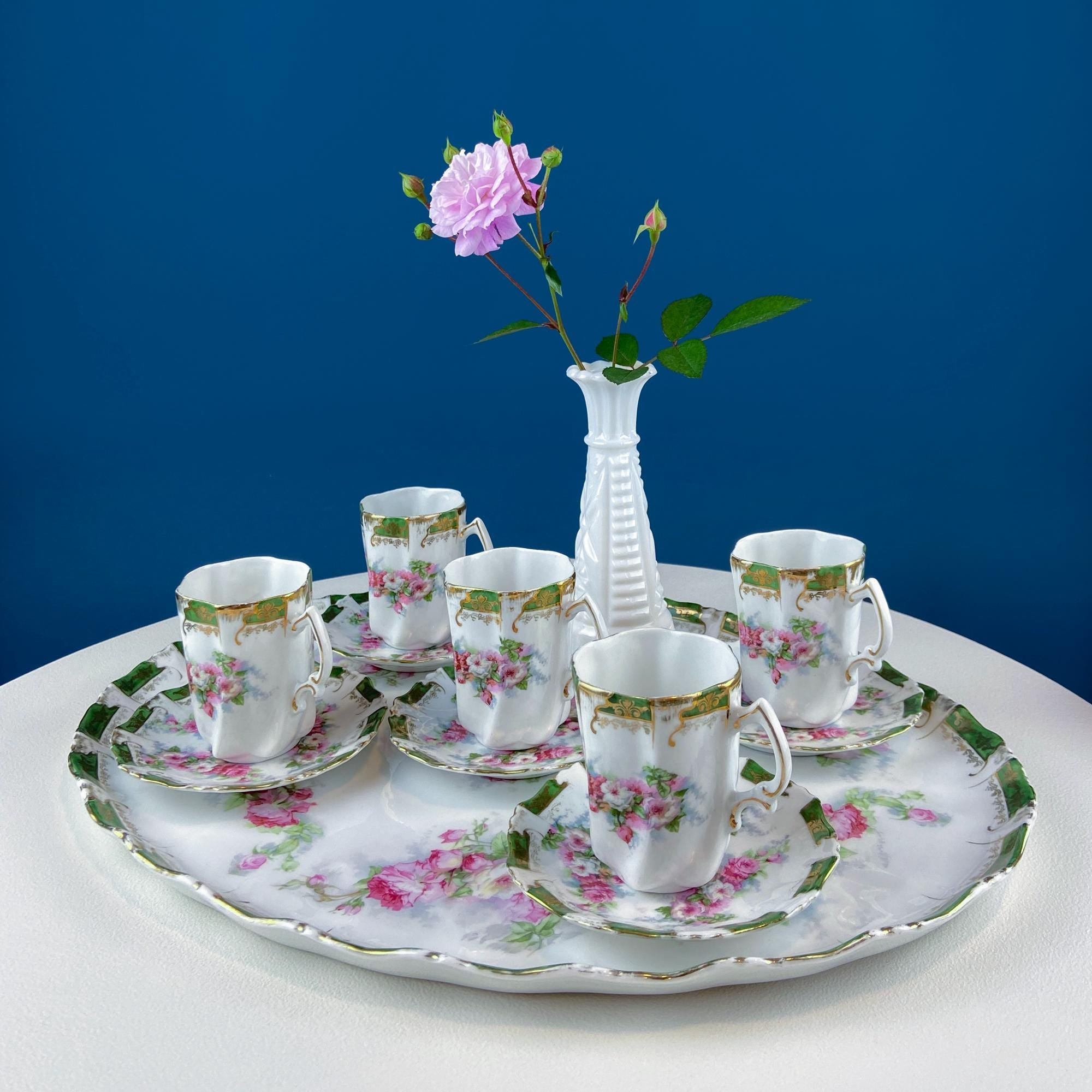 Antique Hot Chocolate Serving Set – Wild Roses, Oval Tray & 5 Cups