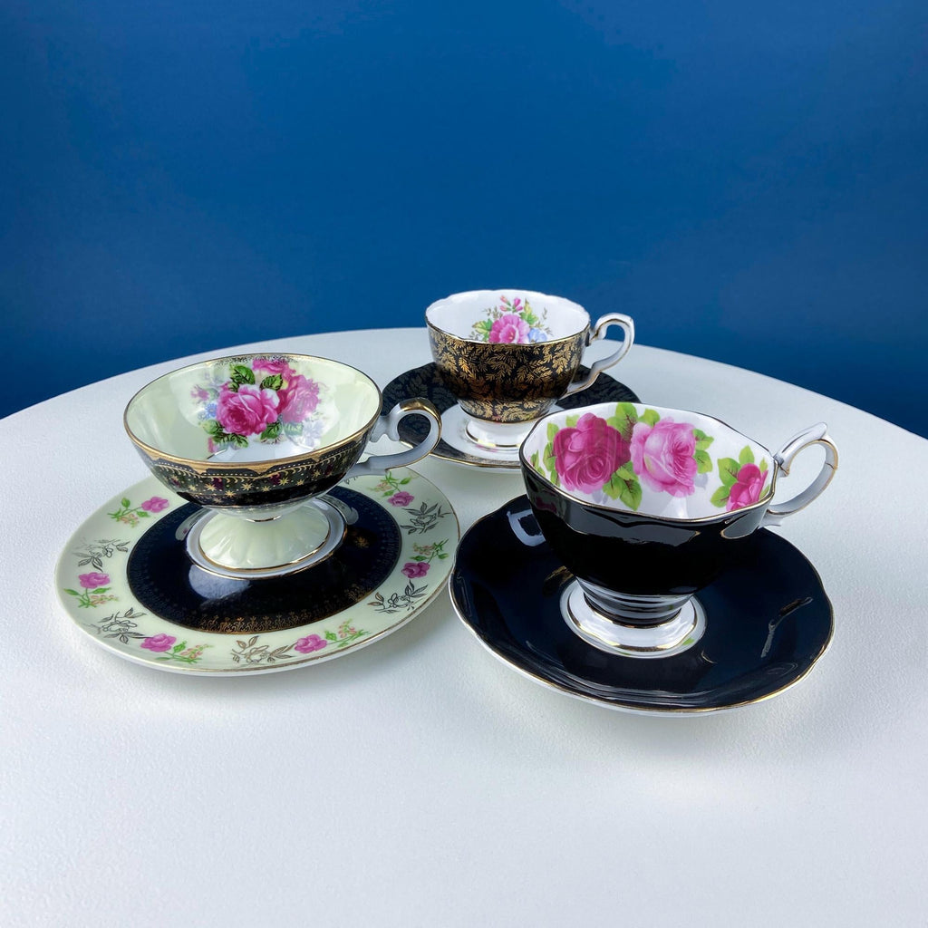 Lefton Black & Gold Tea Cup & Saucer – Hand-Painted Rose Motif
