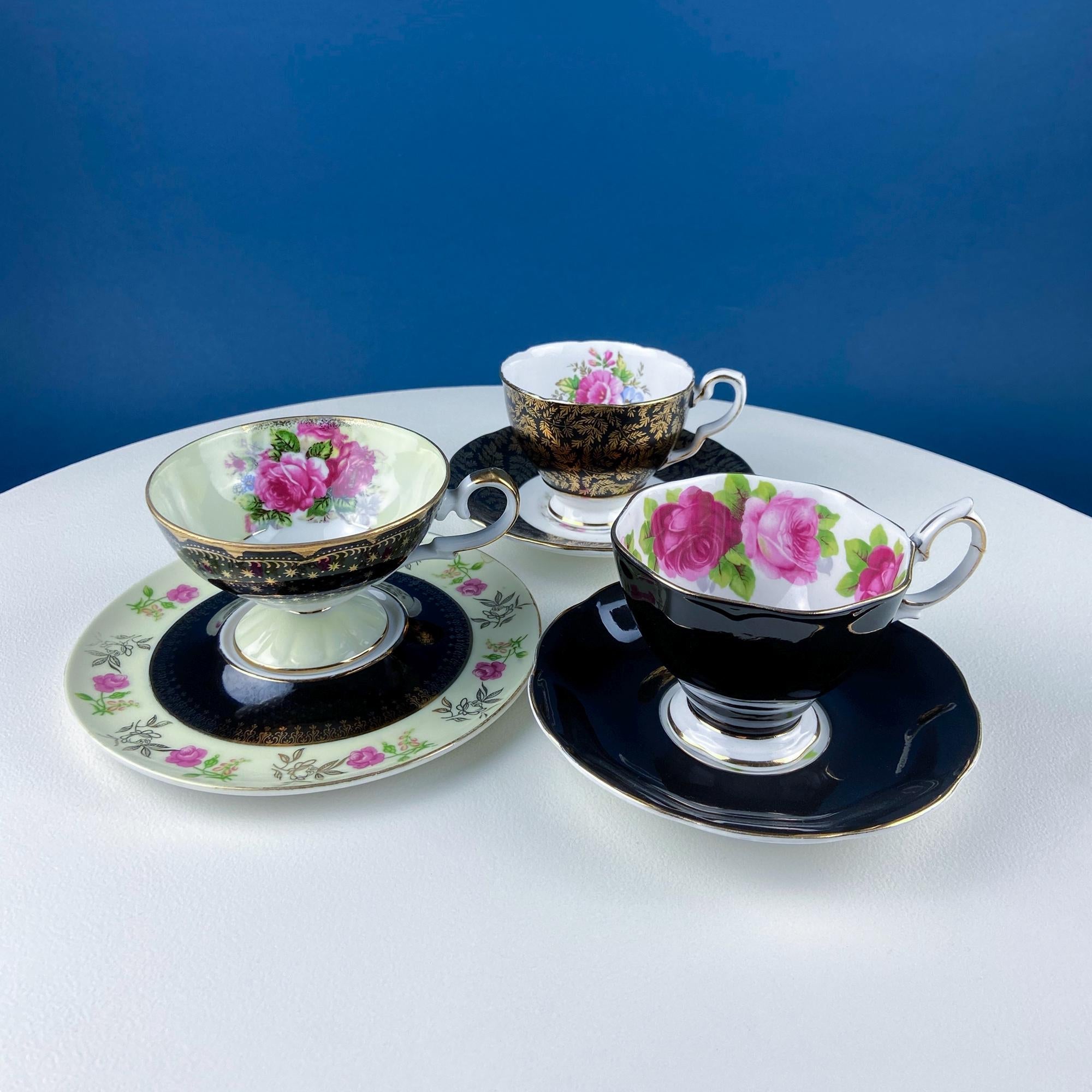Lefton Black & Gold Tea Cup & Saucer – Hand-Painted Rose Motif