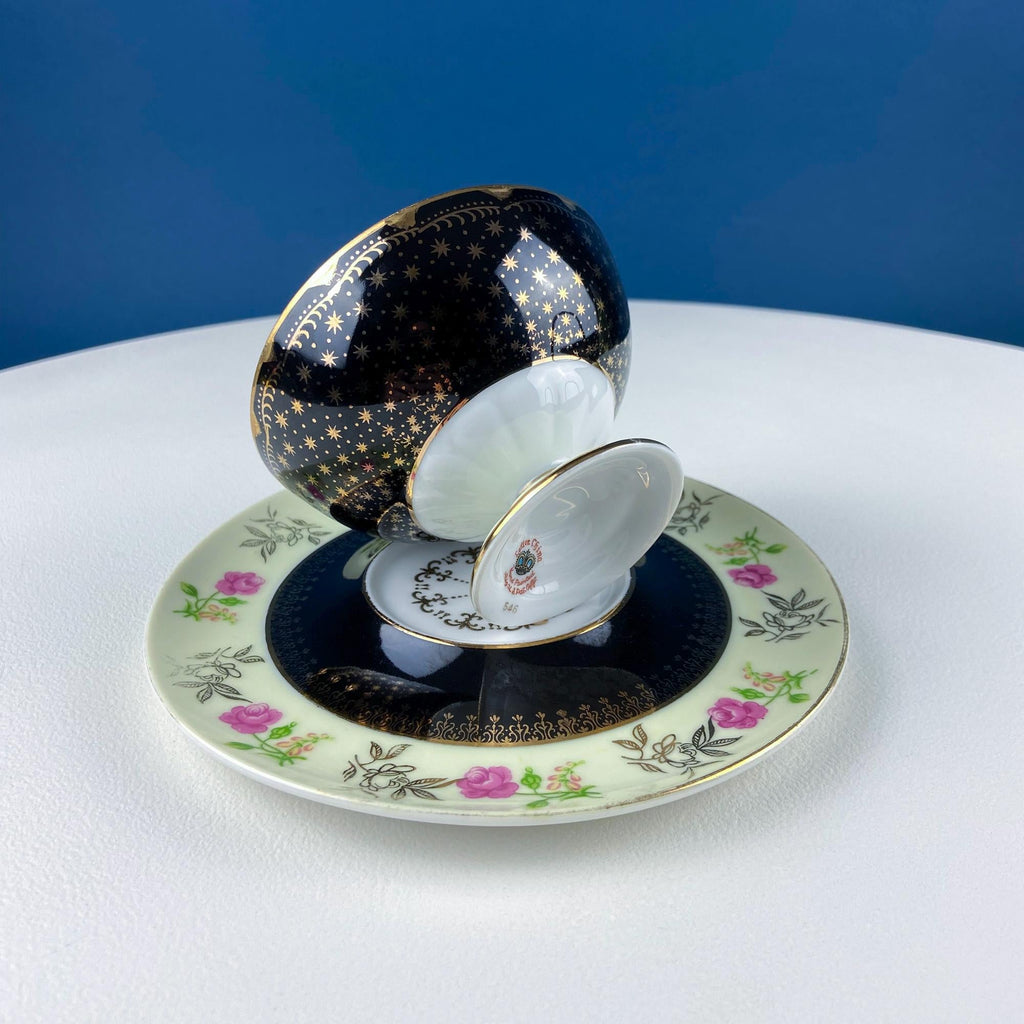 Lefton Black & Gold Tea Cup & Saucer – Hand-Painted Rose Motif