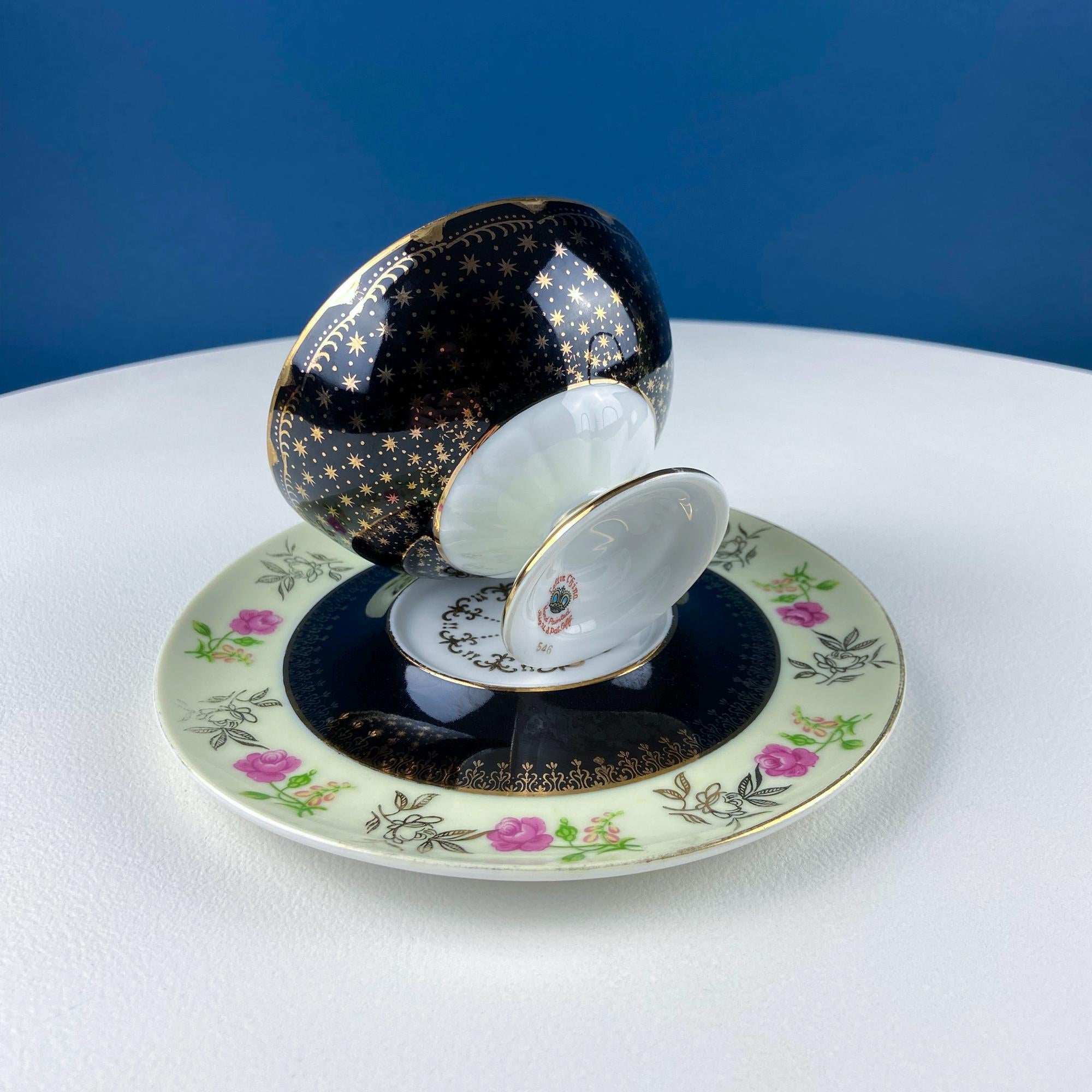 Lefton Black & Gold Tea Cup & Saucer – Hand-Painted Rose Motif