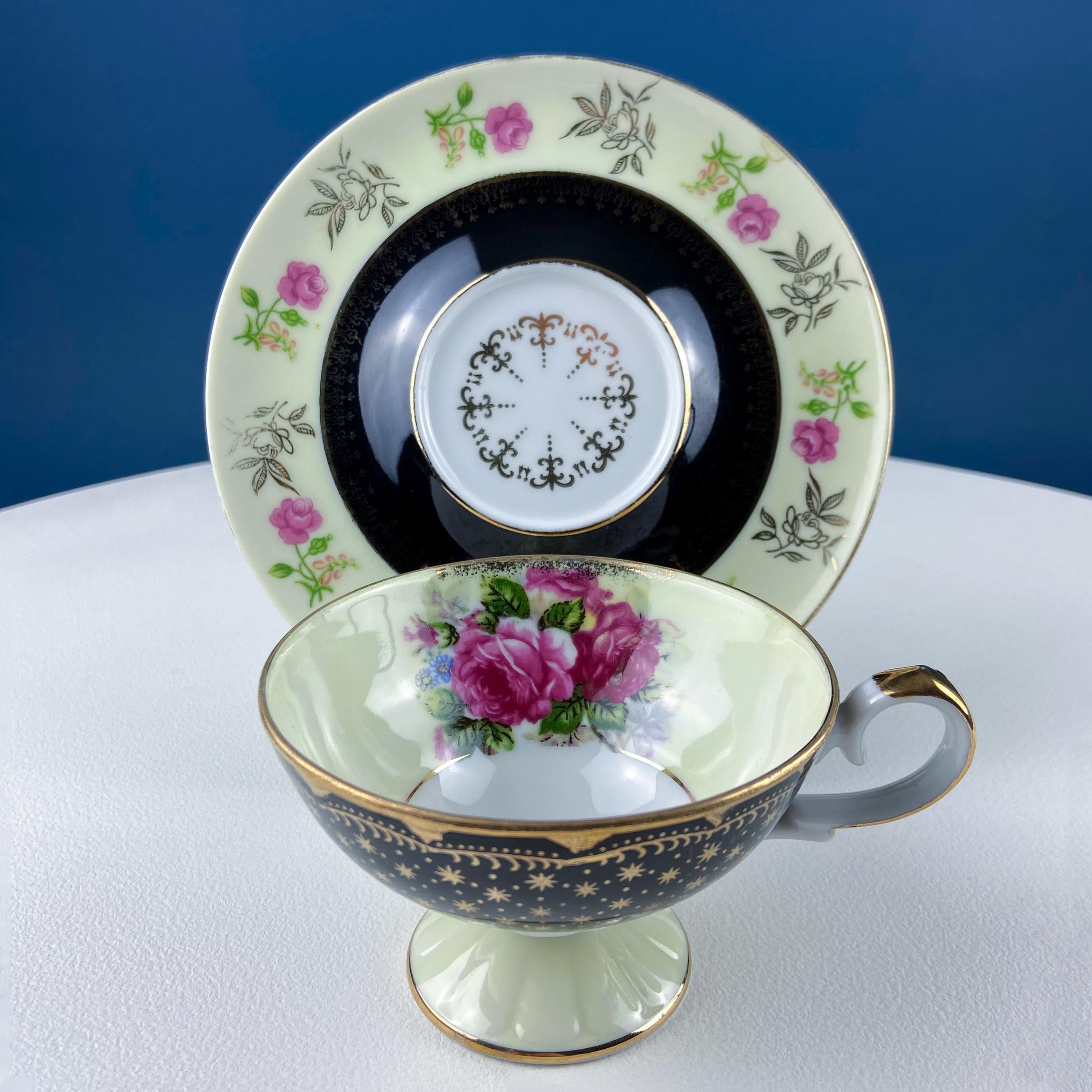 Lefton Black & Gold Tea Cup & Saucer – Hand-Painted Rose Motif