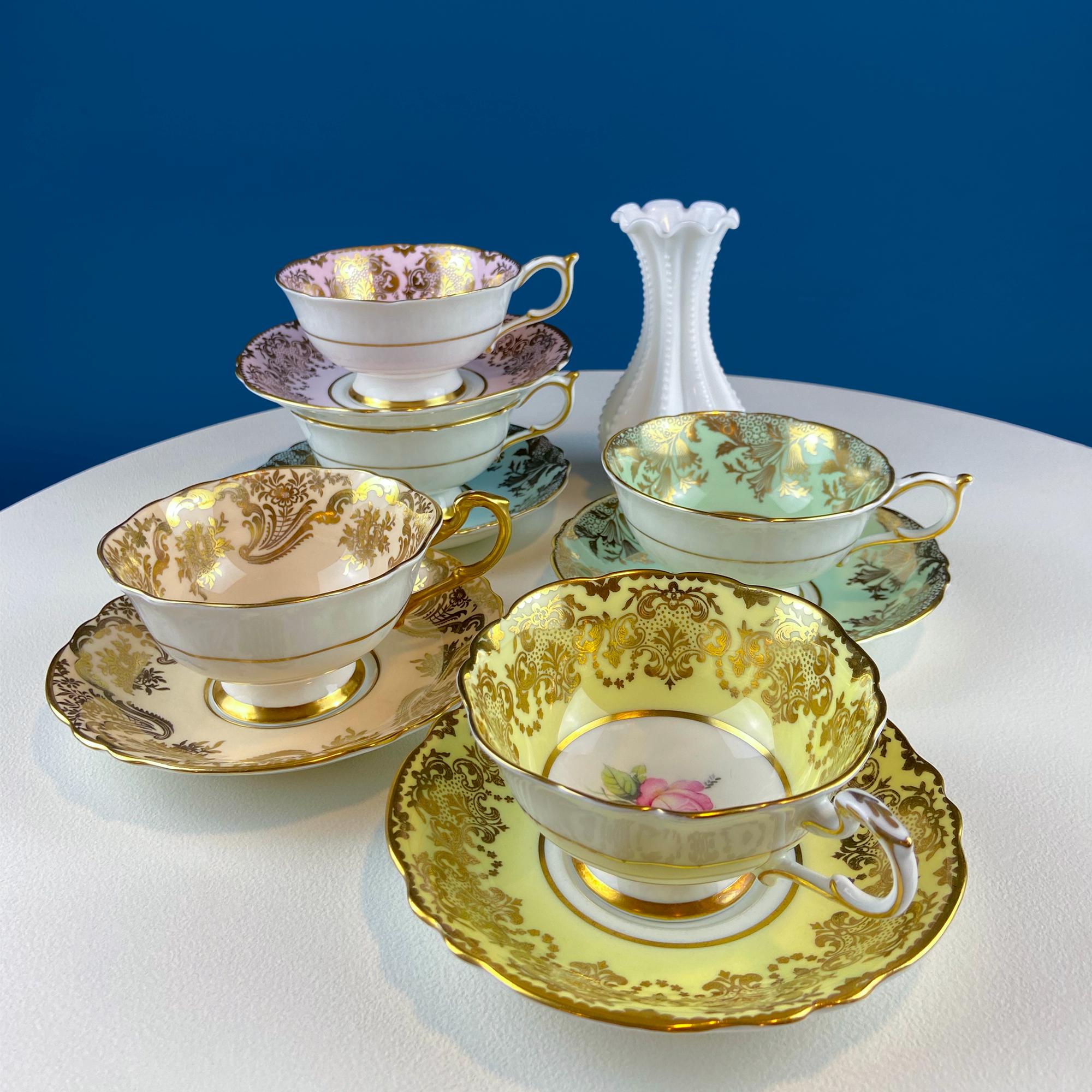 Paragon Vintage Tea Cups & Saucers – Pastel Rose Motif, Set of 5