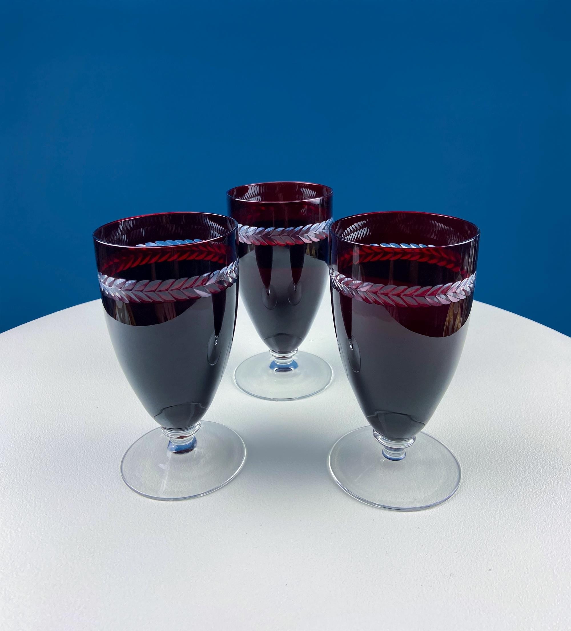 Vintage Ruby Red Bohemian Crystal Wine Water Goblets. Red to Clear with Engraved Laurel Wreath Band.  Set of Six Stemware. Dining Room Decor