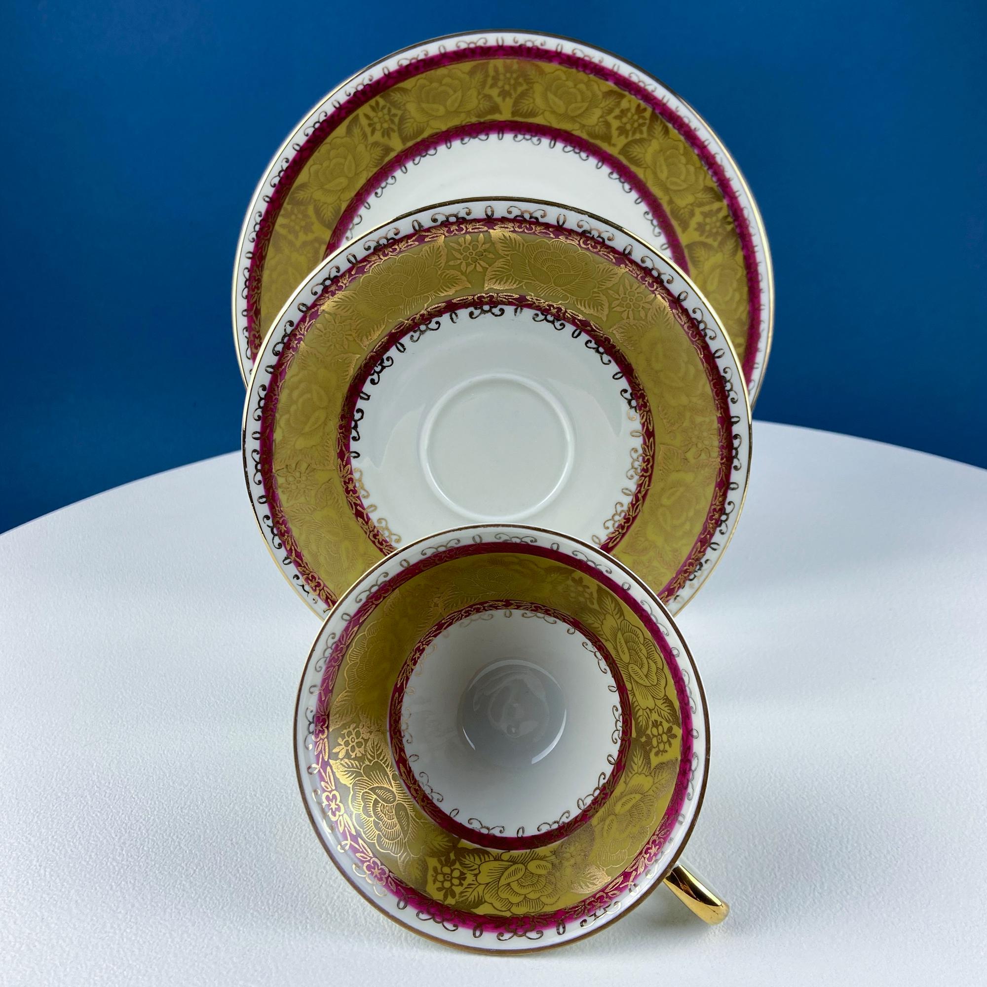 Vintage Mid Century Modern Gold and Ruby Red Porcelain Tea Set Trio. Stunning Gold Floral Motif. Asian Rose. Home Decor. Gift for Him Her.