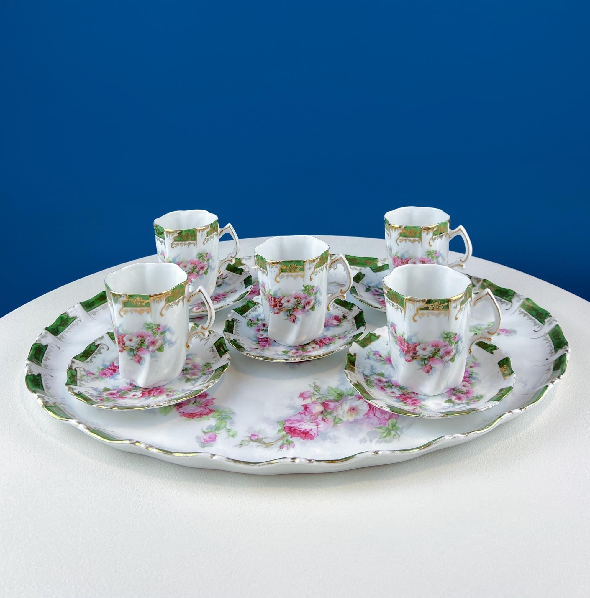 Antique Hot Chocolate Serving Set – Wild Roses, Oval Tray & 5 Cups
