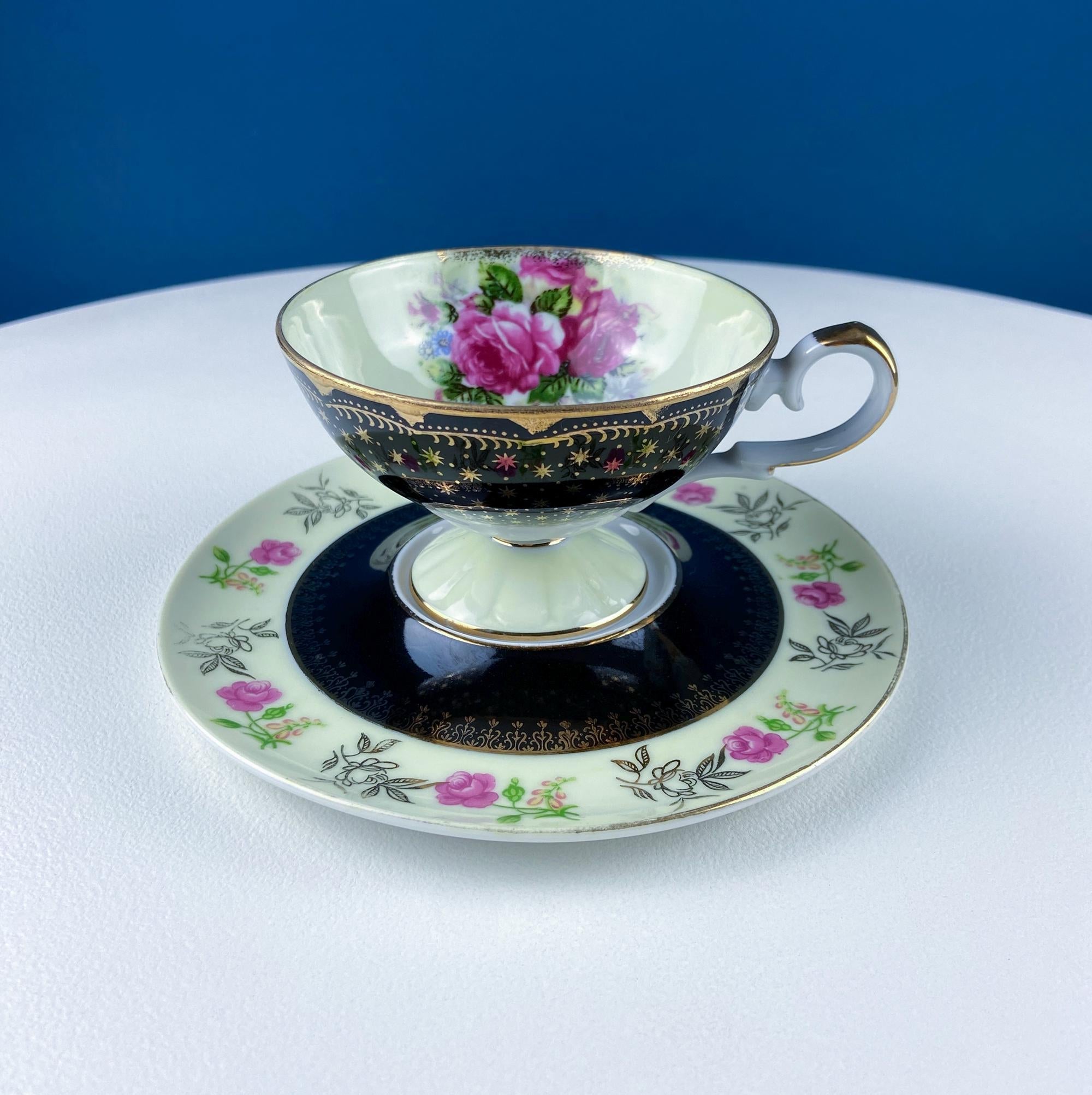 Lefton Black & Gold Tea Cup & Saucer – Hand-Painted Rose Motif