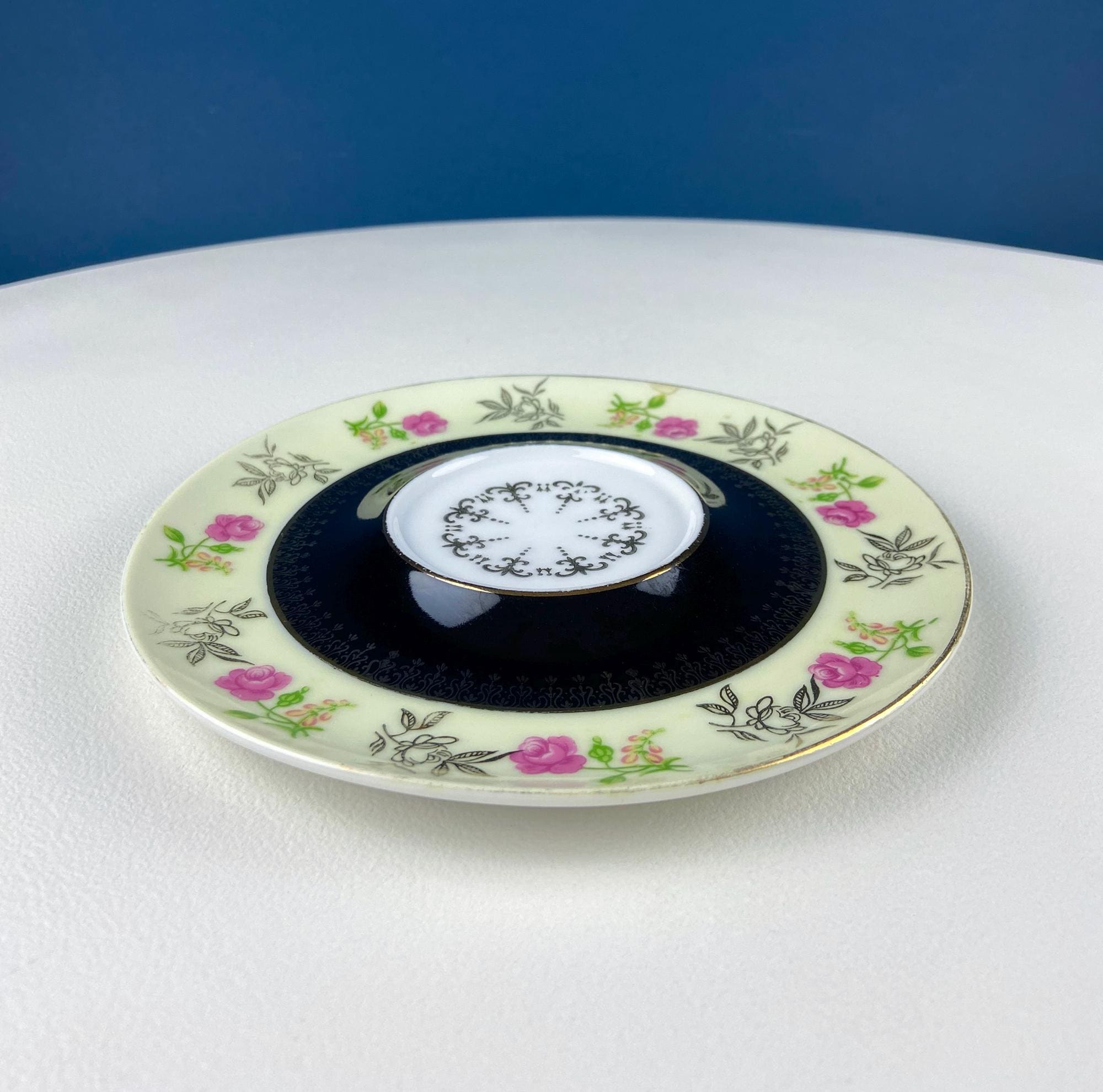 Lefton Black & Gold Tea Cup & Saucer – Hand-Painted Rose Motif