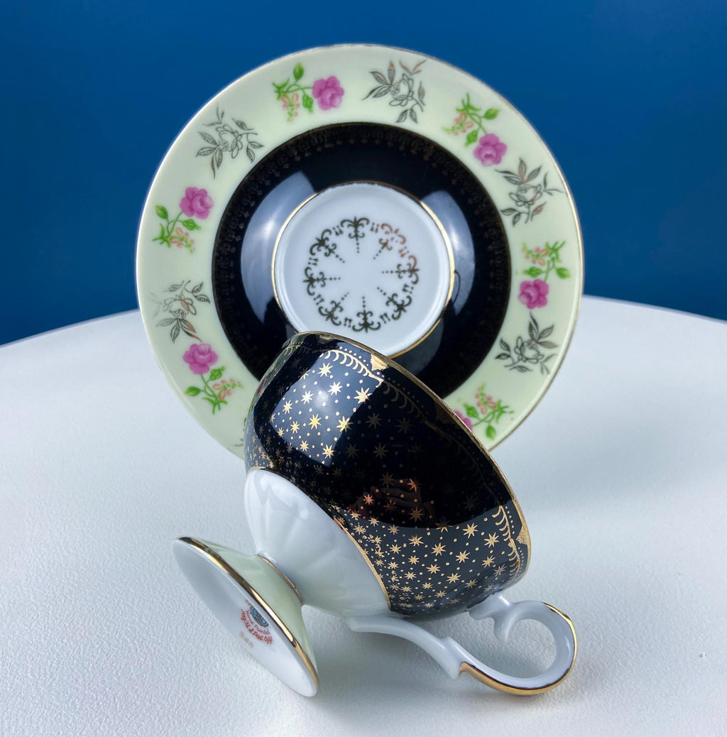 Lefton Black & Gold Tea Cup & Saucer – Hand-Painted Rose Motif